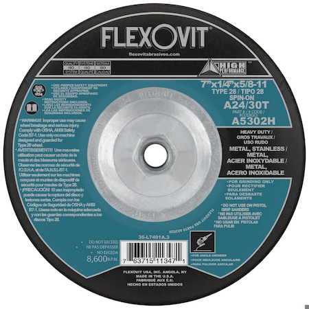 Flexovit HP Heavy Duty Depressed Center Wheel, 7 in Dia x 1/4 in THK, A24T Grit, Aluminum Oxide Abrasive A5302H
